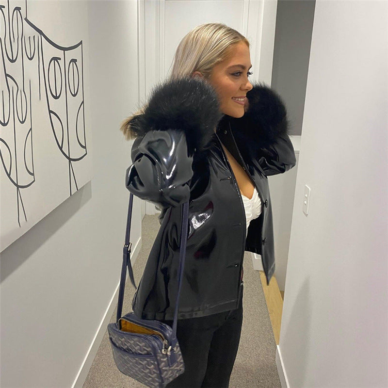 Long-sleeved Fur Collar Single-breasted Leather Jacket