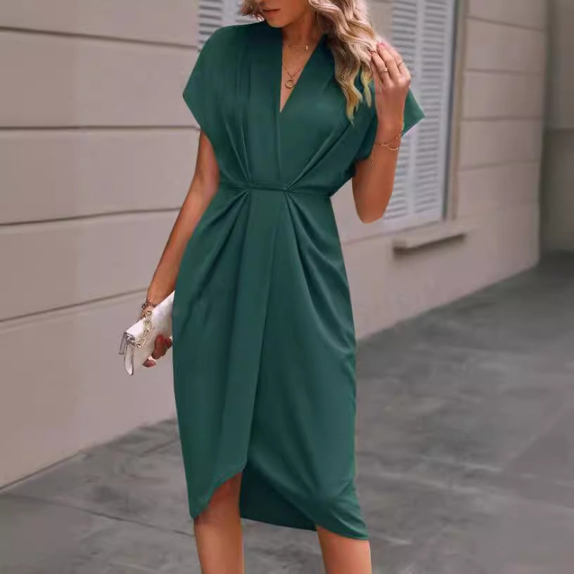 V-neck Short Sleeve Pleated Jumpsuit