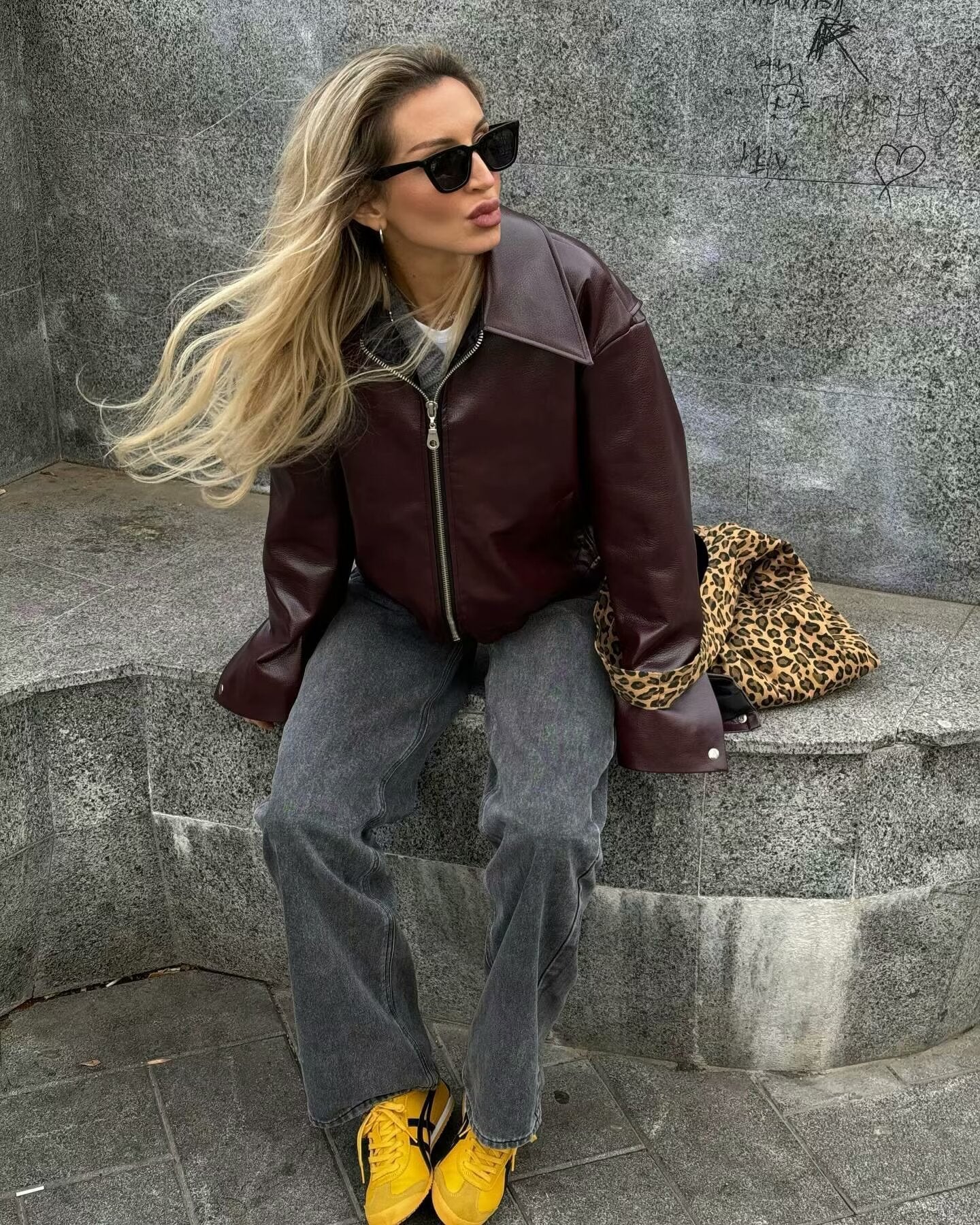 Solid Square Collar Leather Jacket