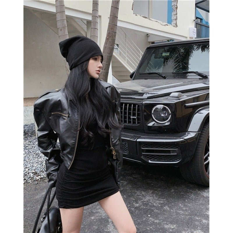 Black Lapel Collar Leather Jacket - Qorsage