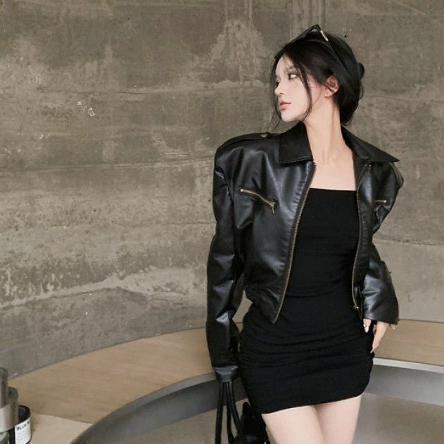 Black Lapel Collar Leather Jacket - Qorsage