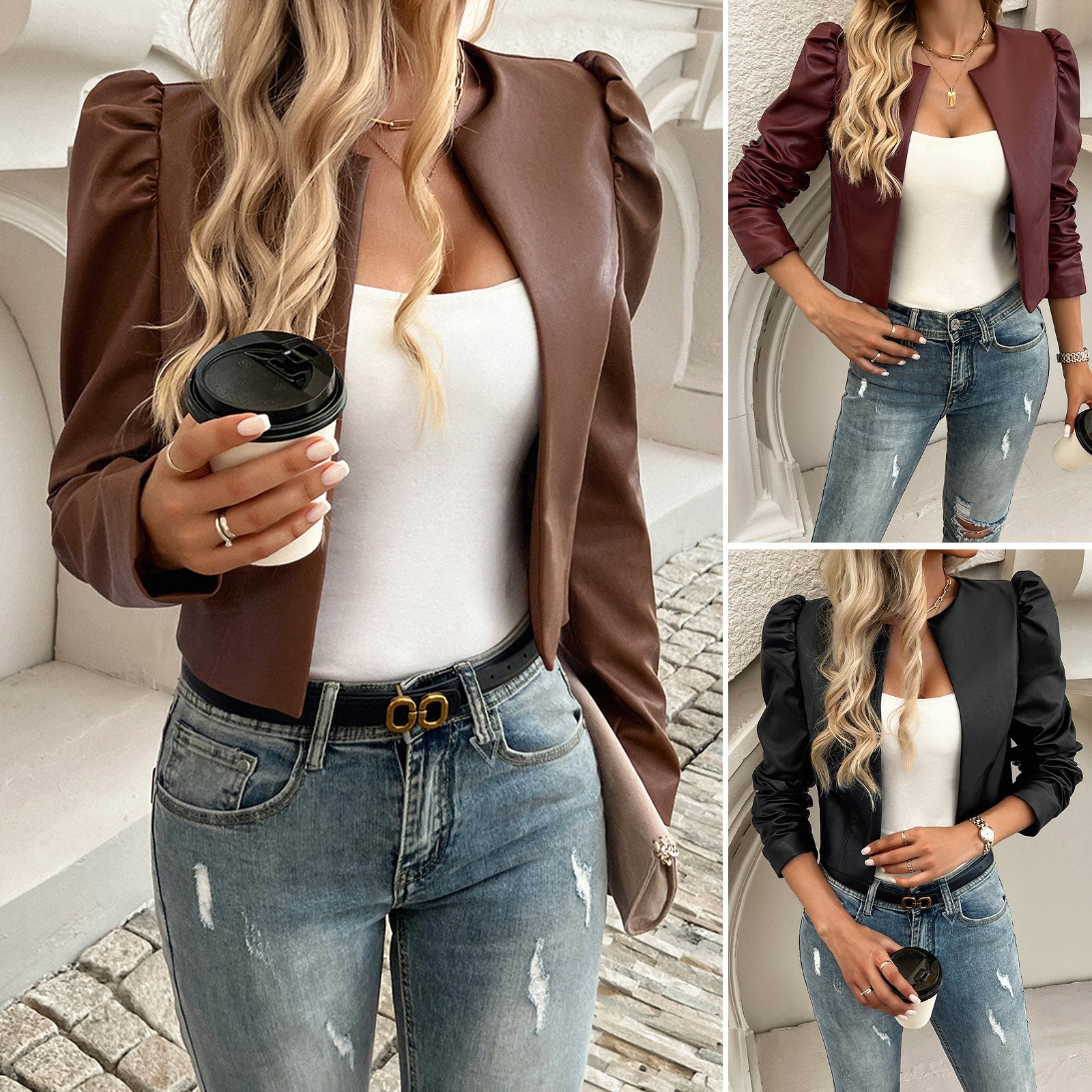 Cardigan Solid Leather Coat