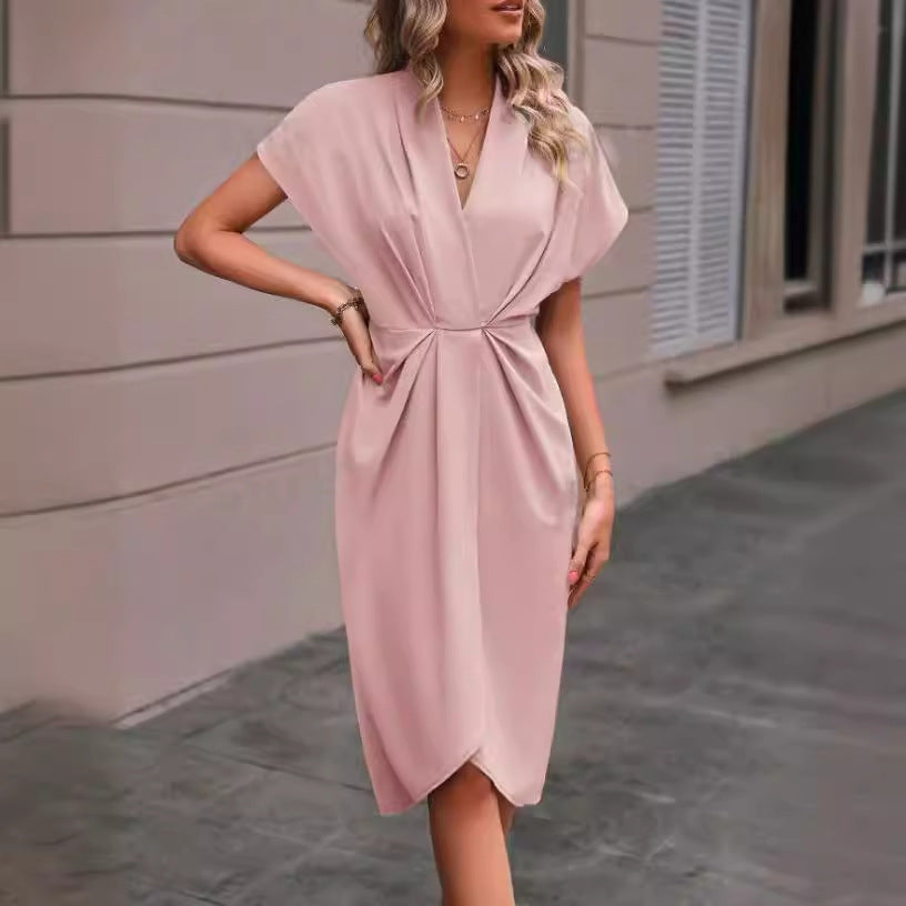 V-neck Short Sleeve Pleated Jumpsuit