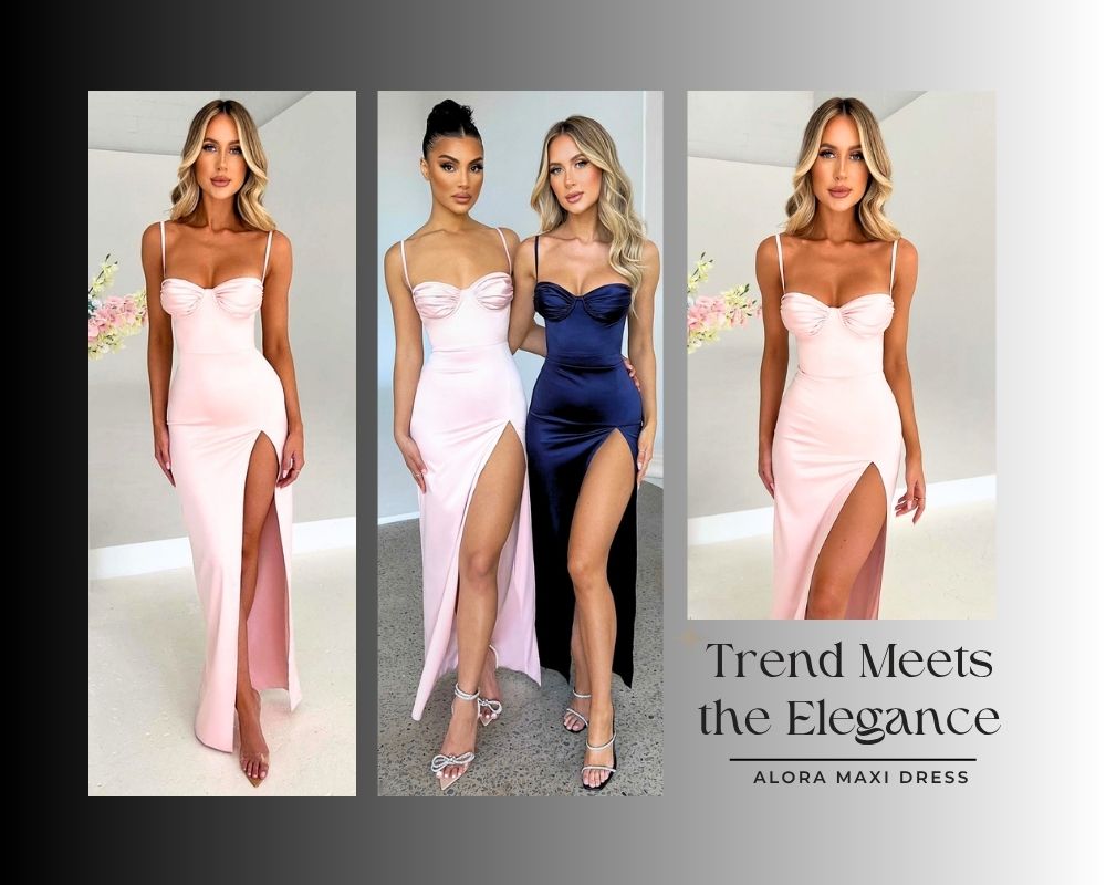 A collection of trendy Summer 2026 mini dresses styled alongside the elegant Alora maxi dress.