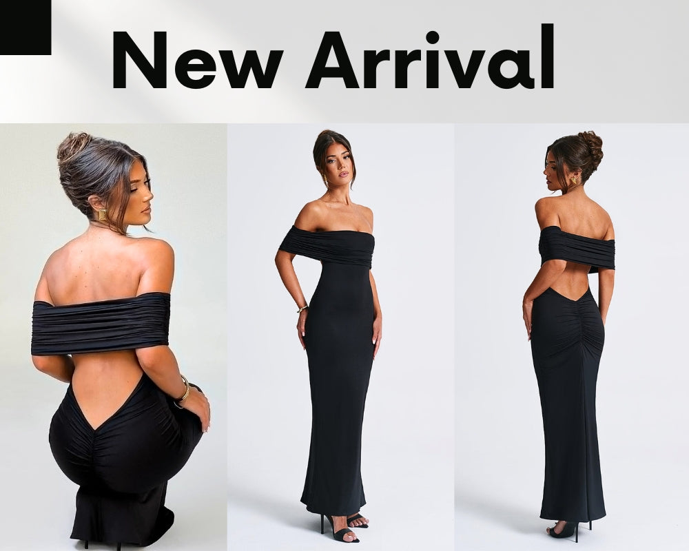 Belinda Maxi Dress in a floor length black silhouette featuring a romantic off the shoulder Bardot neckline.