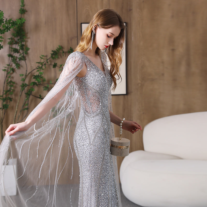 Elegant Silver Fishtail Evening Dress