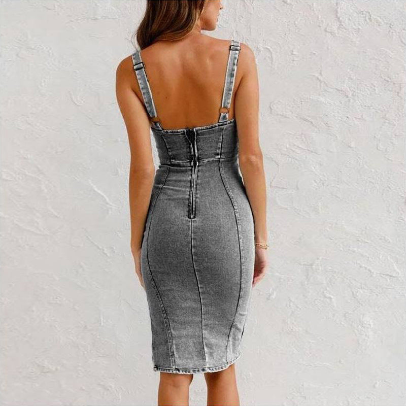 U-neck Suspender Denim Midi Dress
