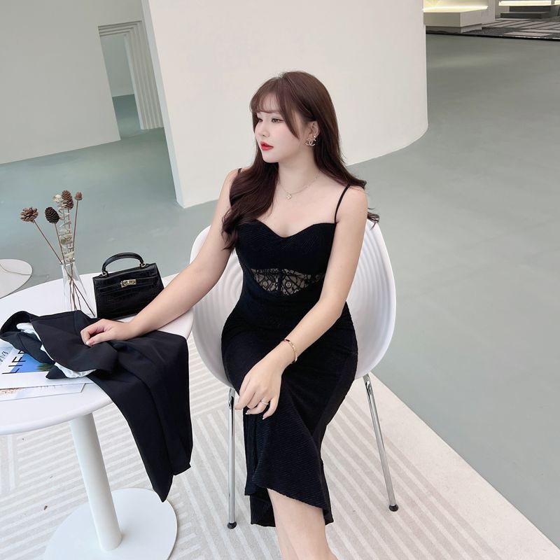 Lace Sling Midi Black Dress