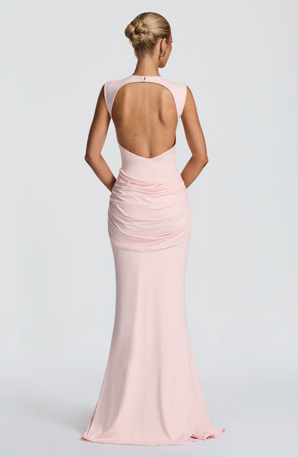 Back view of Lorenza maxi dress with sleek fitted silhouette and elegant evening style