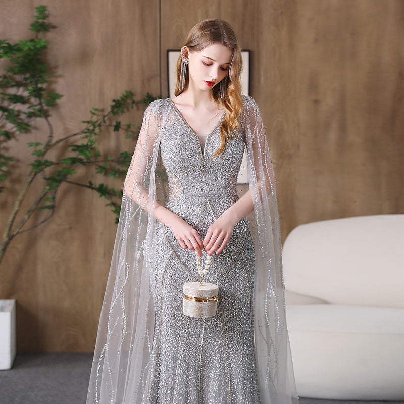 Elegant Silver Fishtail Evening Dress