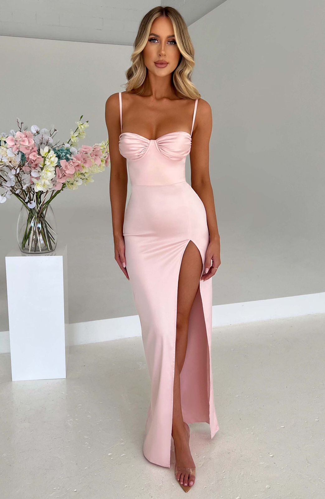 Alora Maxi Dress in Black by Qorsage - Front full-length view of an elegant, flowing sleeveless maxi dress
