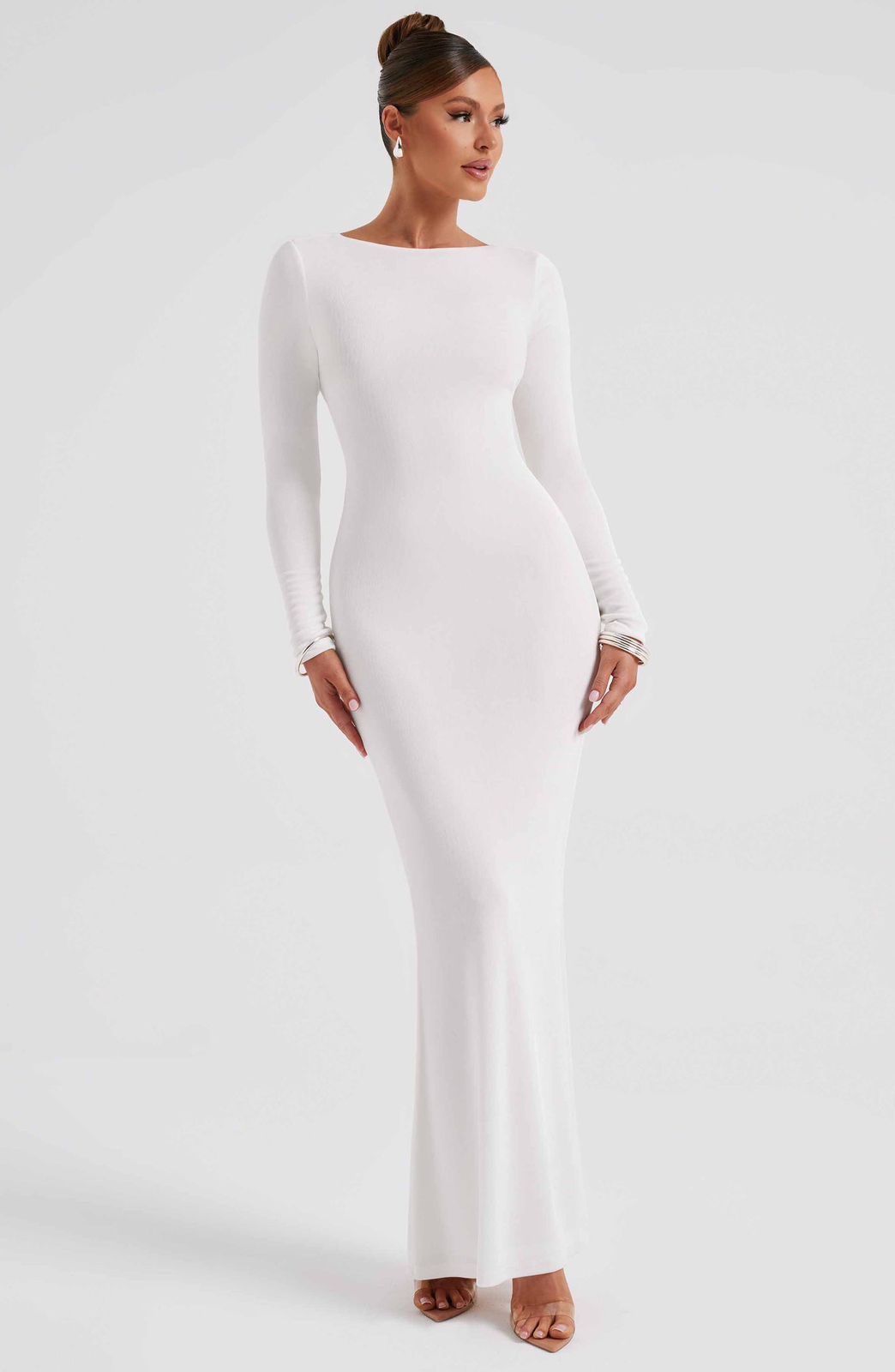 Anastassia black maxi dress front view with long sleeves and bodycon fit elegant evening wear