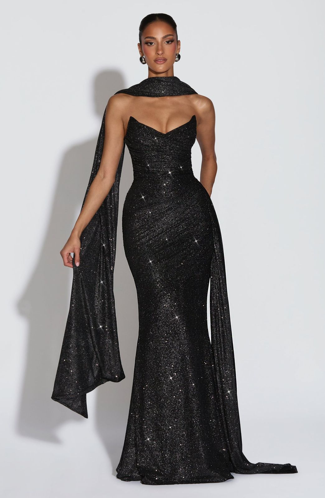 Ashika Maxi Dress in Black by Qorsage - Front full-length view of an elegant evening maxi dress.