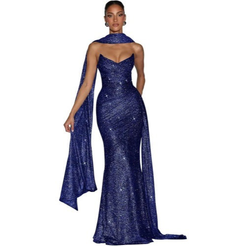 Ashika Maxi Dress in Blue Color] by Qorsage - Front full-length view of an elegant evening maxi dress.