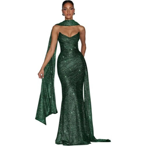 Ashika Maxi Dress in Dark Green Color] by Qorsage - Front full-length view of an elegant evening maxi dress.