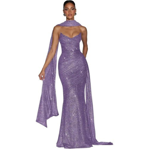 Ashika Maxi Dress in Light Blue Color by Qorsage - Front full-length view of an elegant evening maxi dress.