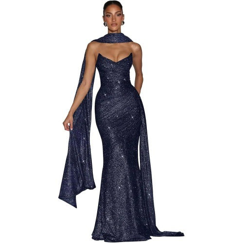 Ashika Maxi Dress in Navy Blue by Qorsage - Front full-length view of an elegant evening maxi dress.