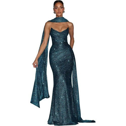 Ashika Maxi Dress in Peacock Green by Qorsage - Front full-length view of an elegant evening maxi dress.