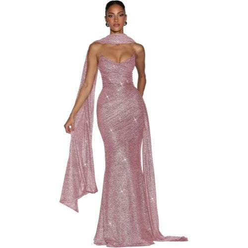 Ashika Maxi Dress in Pink by Qorsage - Front full-length view of an elegant evening maxi dress.