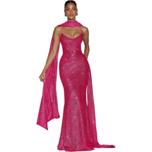 Ashika Maxi Dress in Rose Pink by Qorsage - Front full-length view of an elegant evening maxi dress