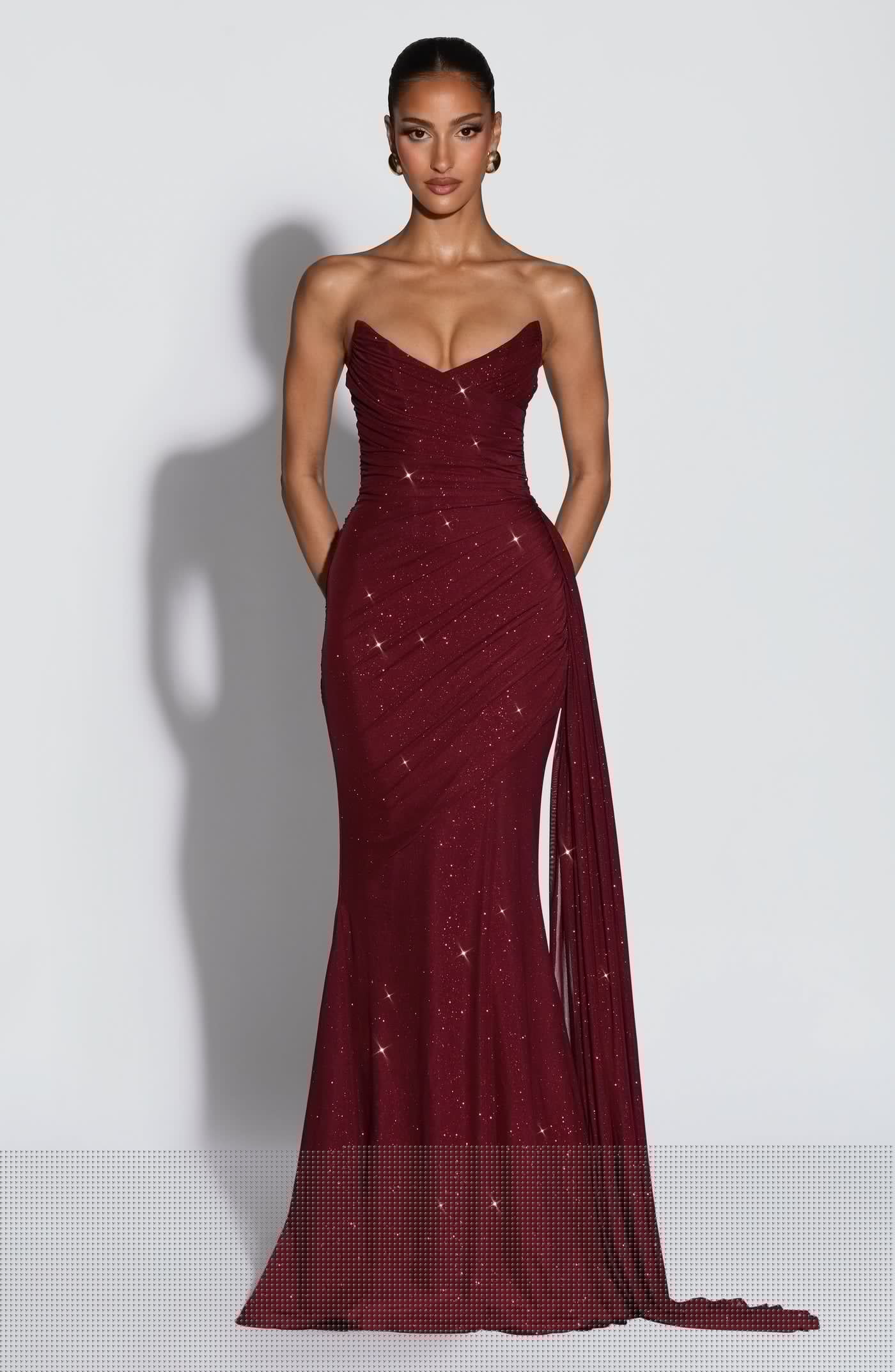 Ashika Maxi Dress in wine red by Qorsage - Front full-length view of an elegant evening maxi dress