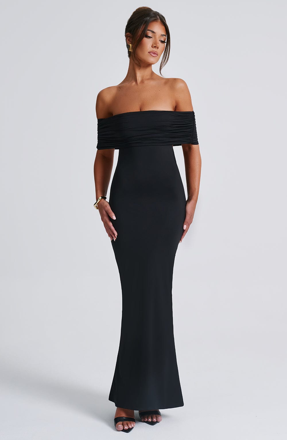 Belinda Maxi Dress by Qorsage - Front full-length view featuring a slinky silhouette and a gathered Bardot neckline.