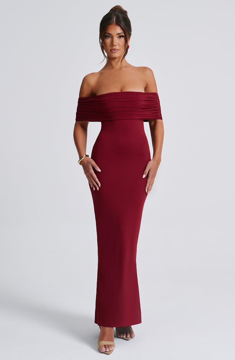 Belinda Maxi Dress by Qorsage - Front full-length view featuring a slinky silhouette and a gathered Bardot neckline