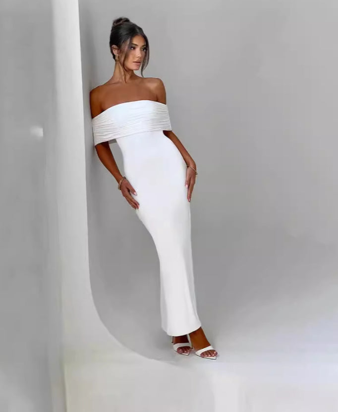 Belinda Maxi Dress by Qorsage - Front full-length view featuring a slinky silhouette and a gathered Bardot neckline.