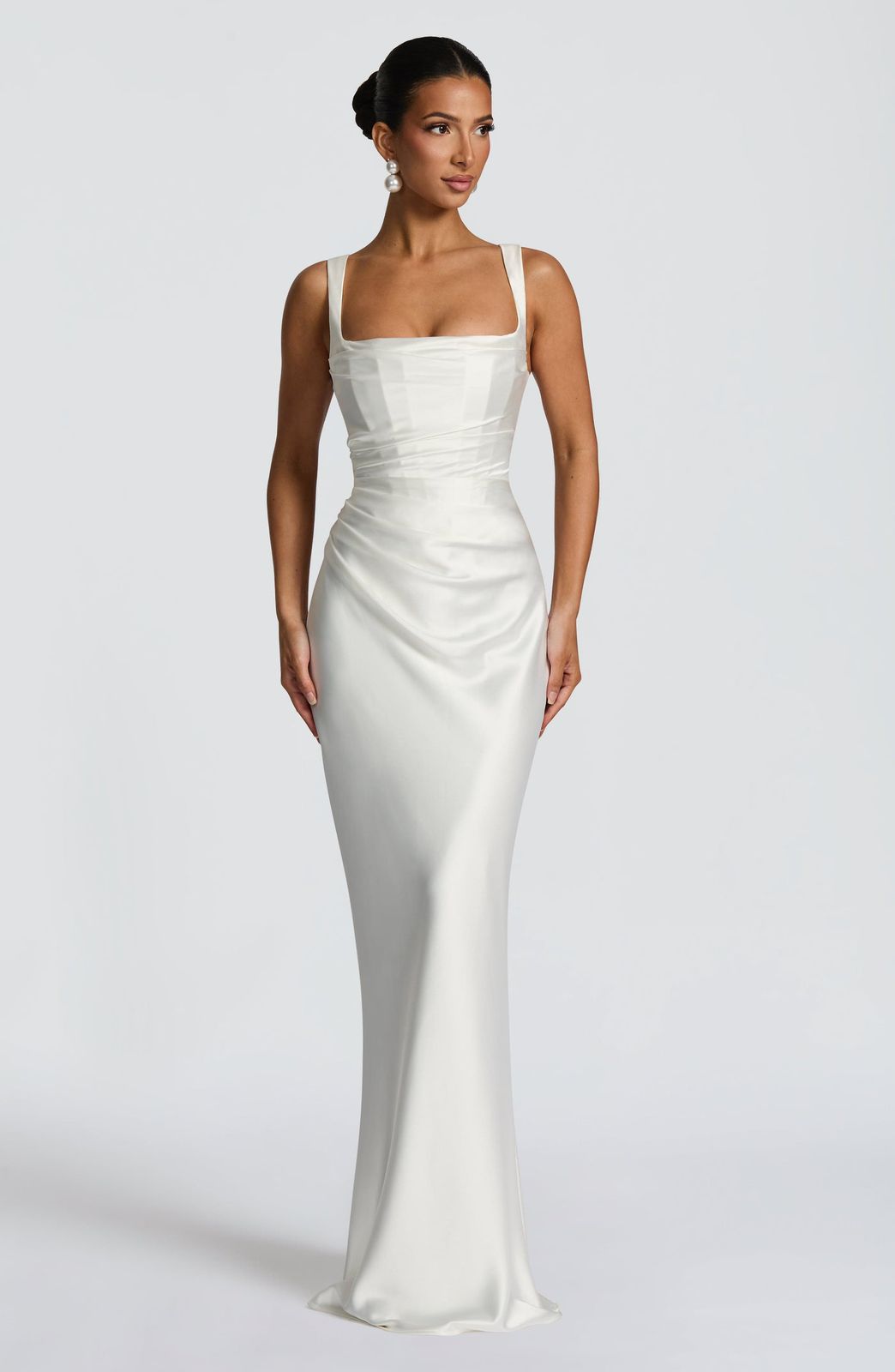 Calanthe maxi dress in blush satin with square neckline and pleated bodice