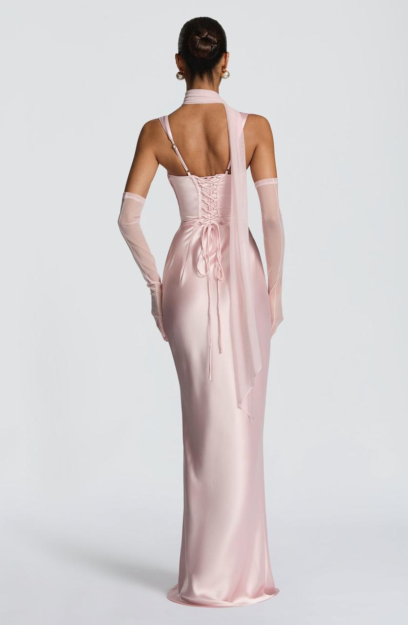 Close-up of the adjustable lace-up corset back on the Calanthe Maxi Dress, showing the elegant tie detail and tailored fit
