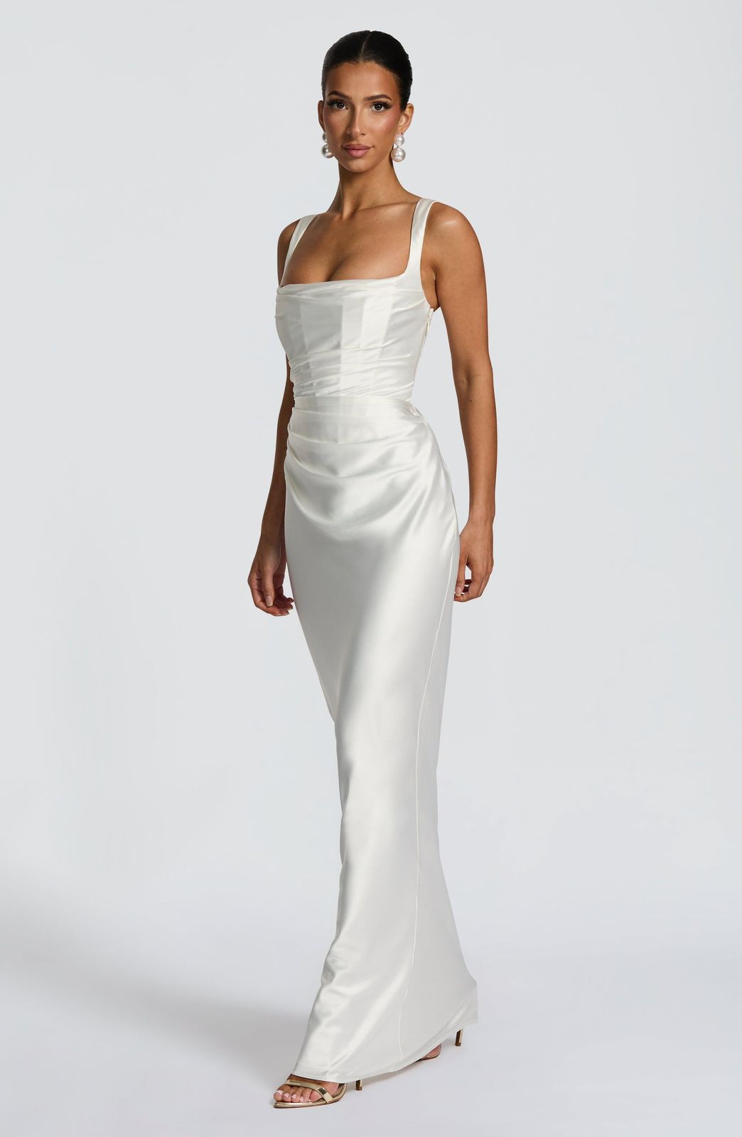 Elegant Calanthe satin maxi dress with asymmetric pleats and flowy silhouette