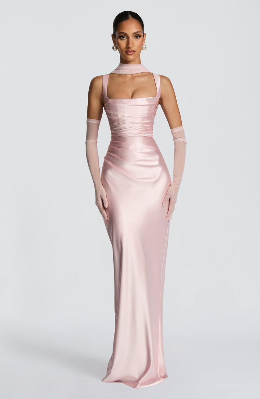 Calanthe Maxi Dress in Emerald Pink Satin by Qorsage - A floor-length formal gown featuring a square neckline and pleated bodice
