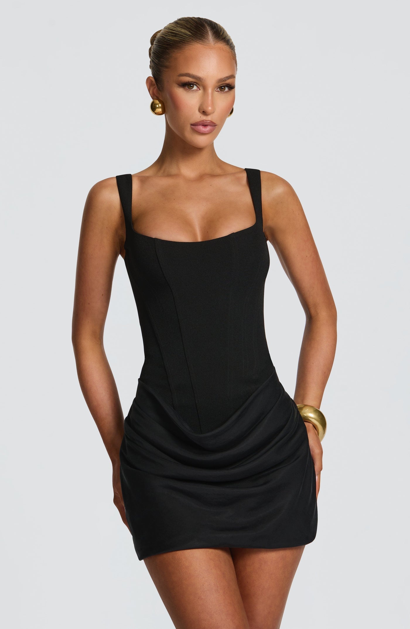close up of Cornelia mini dress corset bustier detailing premium stretch fabric