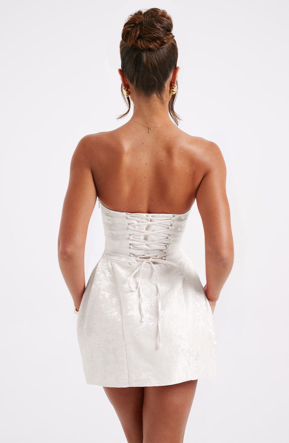 Elenora mini dress back premium floral jacquard fabric texture