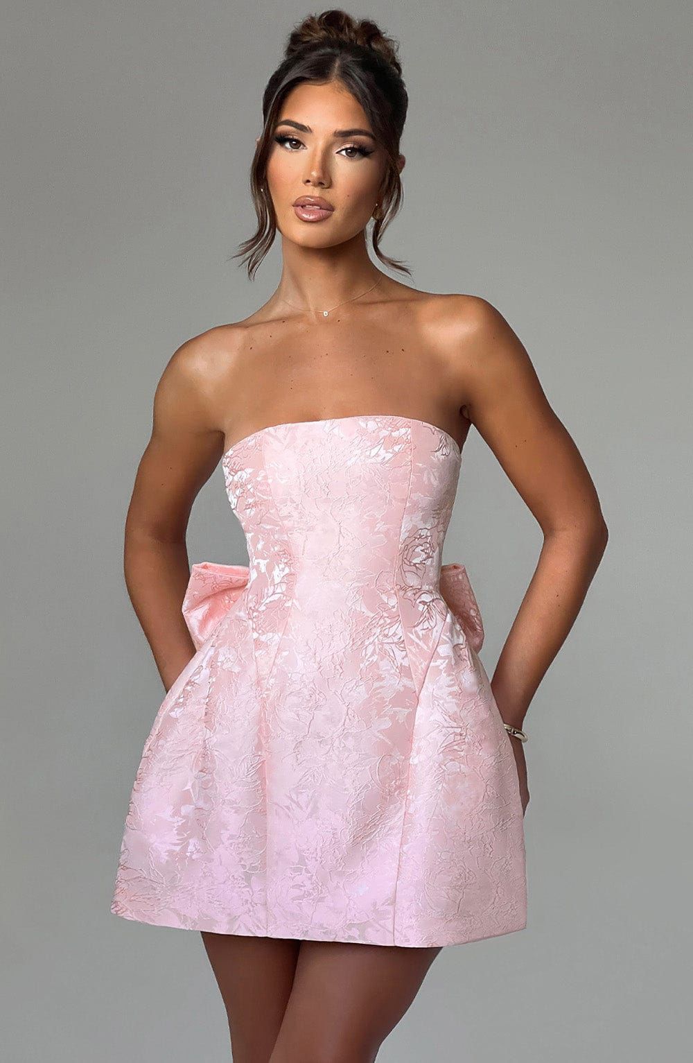 Elenora mini dress strapless floral jacquard front view with structured skirt and fitted bodice