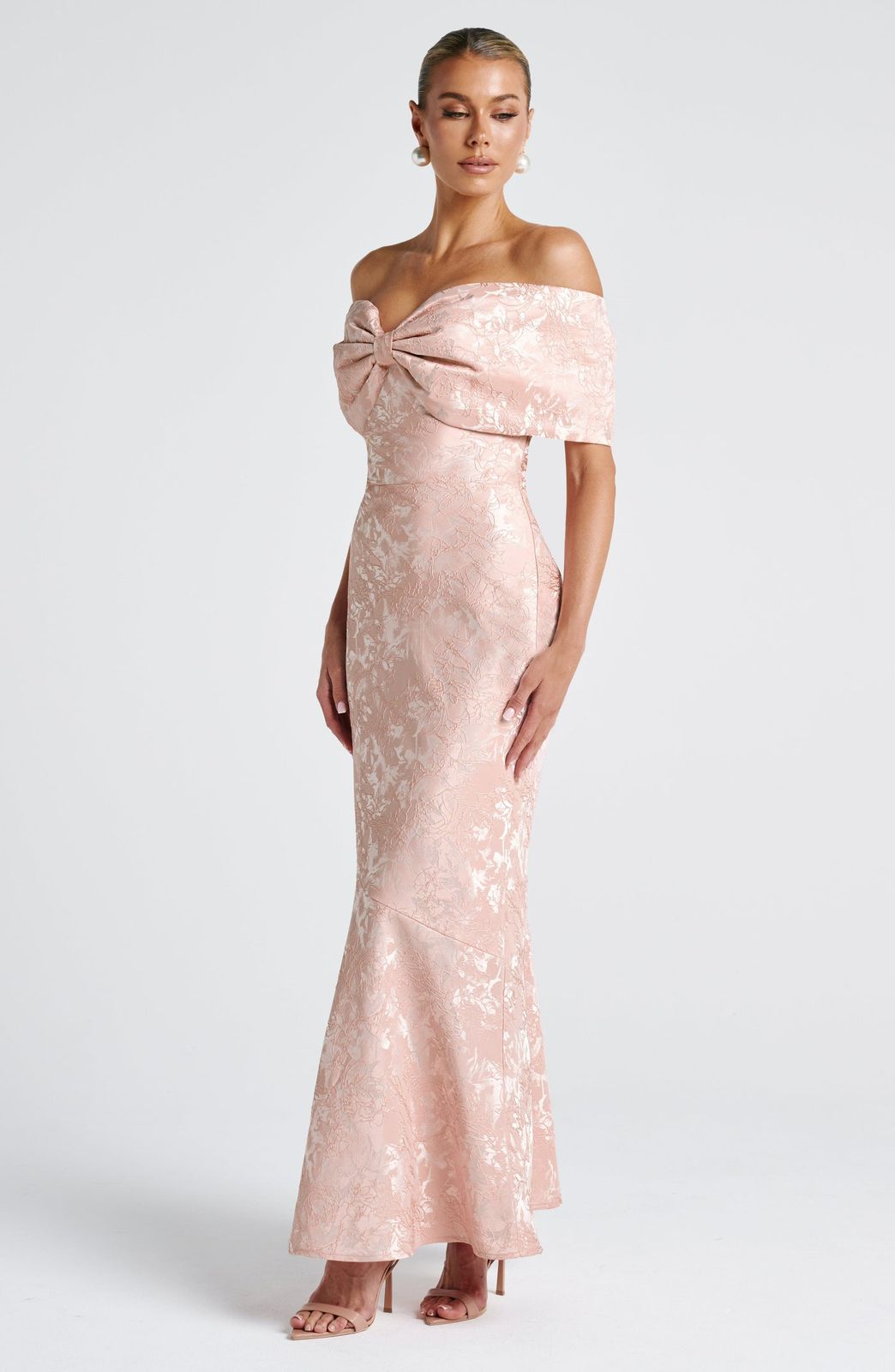 Emberly Maxi Dress in blush, ideal for formal occasions, weddings, or garden parties