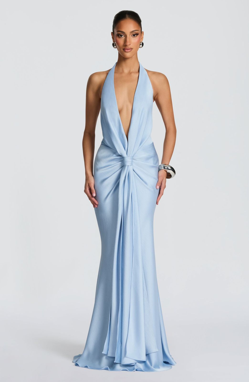 Woman wearing a light blue evening gown on Dress