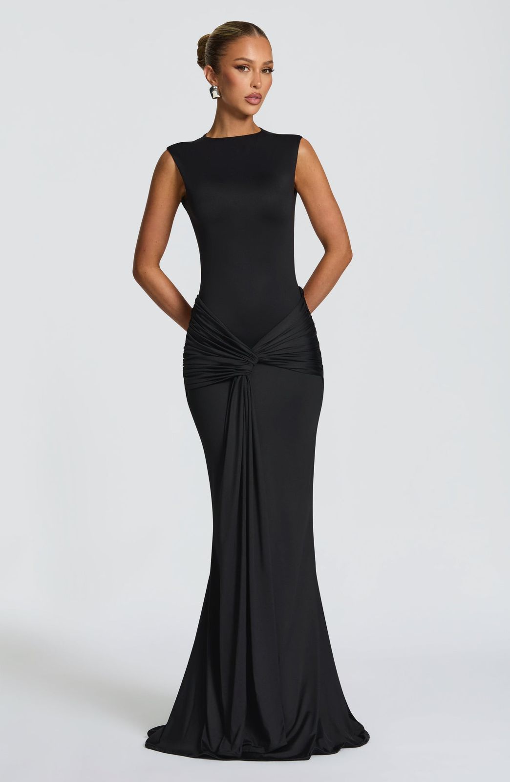 Lorenza Maxi Dress by Qorsage – A sleek, high-neck sleeveless maxi dress with a fitted bodice and elegant fit-and-flare dress