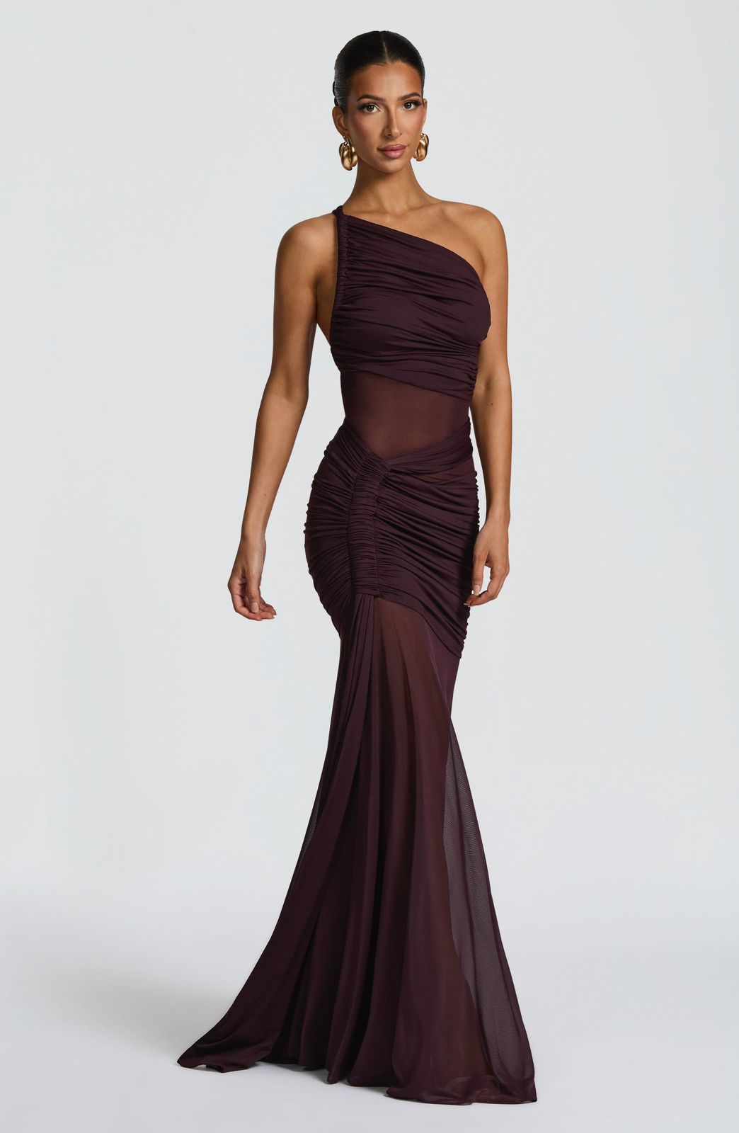 Marianne Maxi Dress by Qorsage featuring an asymmetric neckline and sheer mesh bodice in black