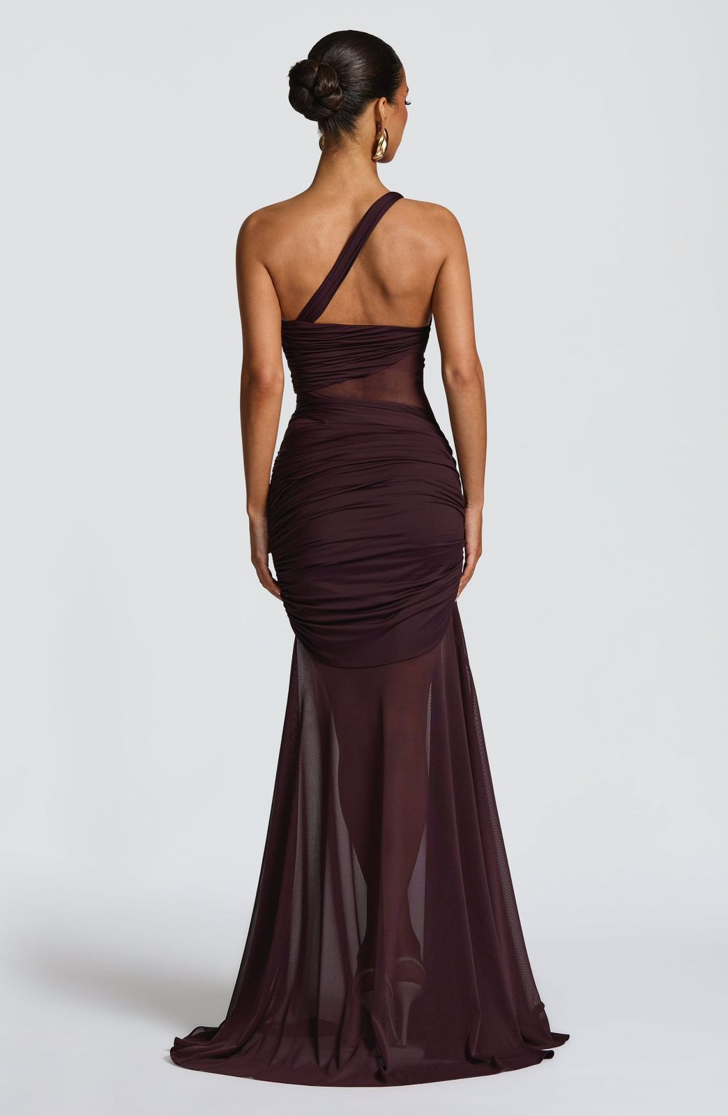 Back view of the Marianne Maxi Dress showing the elegant floor-length silhouette and sheer mesh lower dress