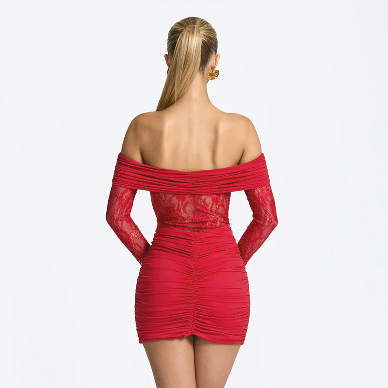 Red sauline mini dress detail shot – premium fabric and ruched bodycon design