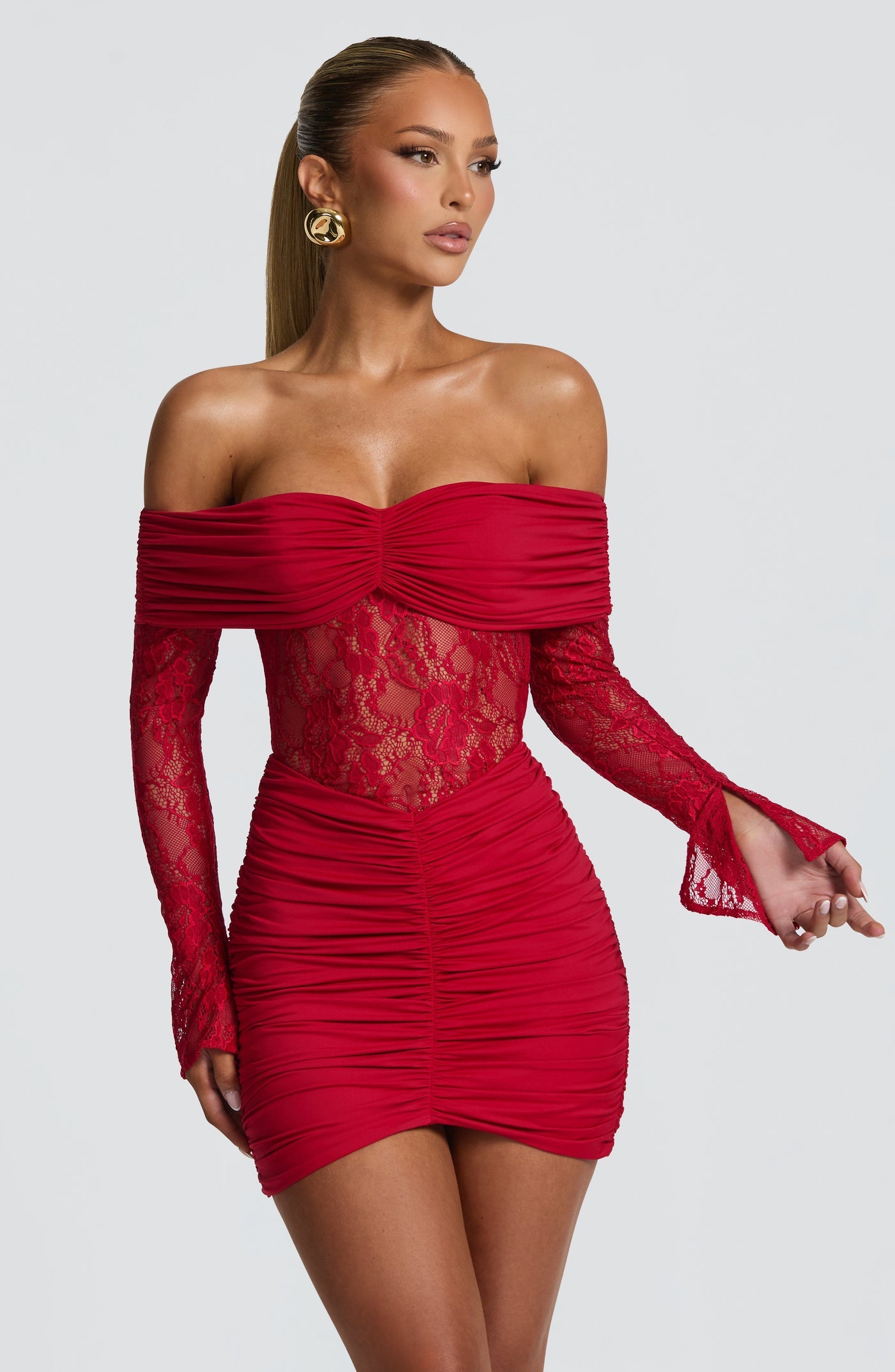 Red sauline mini dress front view – elegant bodycon party dress for women by Qorsage
