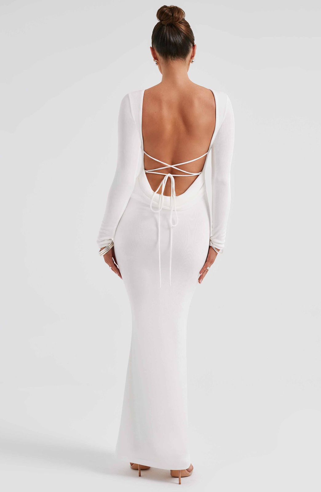 Anastassia maxi dress white backless design with tie detail and low back sexy silhouette
